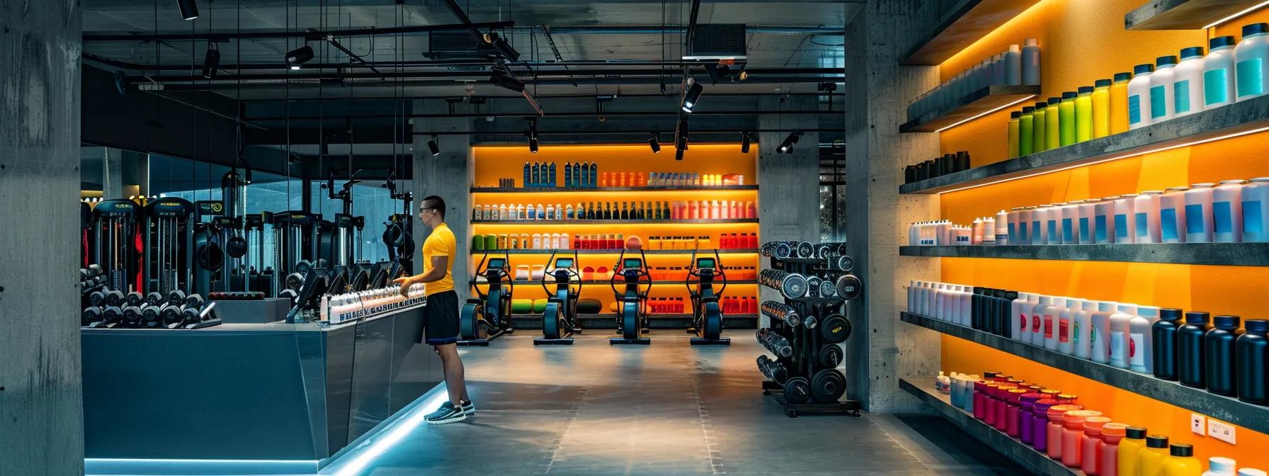 a sleek, modern gym interior showcases an athlete energetically engaging with colorful jars of muscle recovery supplements, highlighting the theme of efficient post-workout recovery against a backdrop of polished concrete and vibrant fitness equipment. a sleek, modern gym interior showcases an athlete energetically engaging with colorful jars of muscle recovery supplements, highlighting the theme of efficient post-workout recovery against a backdrop of polished concrete and vibrant fitness equipment.