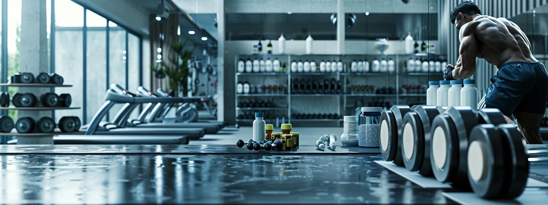 a sleek, modern gym interior features a powerful athlete confidently lifting weights, surrounded by energy-boosting foundational supplements prominently displayed on a polished countertop. a sleek, modern gym interior features a powerful athlete confidently lifting weights, surrounded by energy-boosting foundational supplements prominently displayed on a polished countertop.