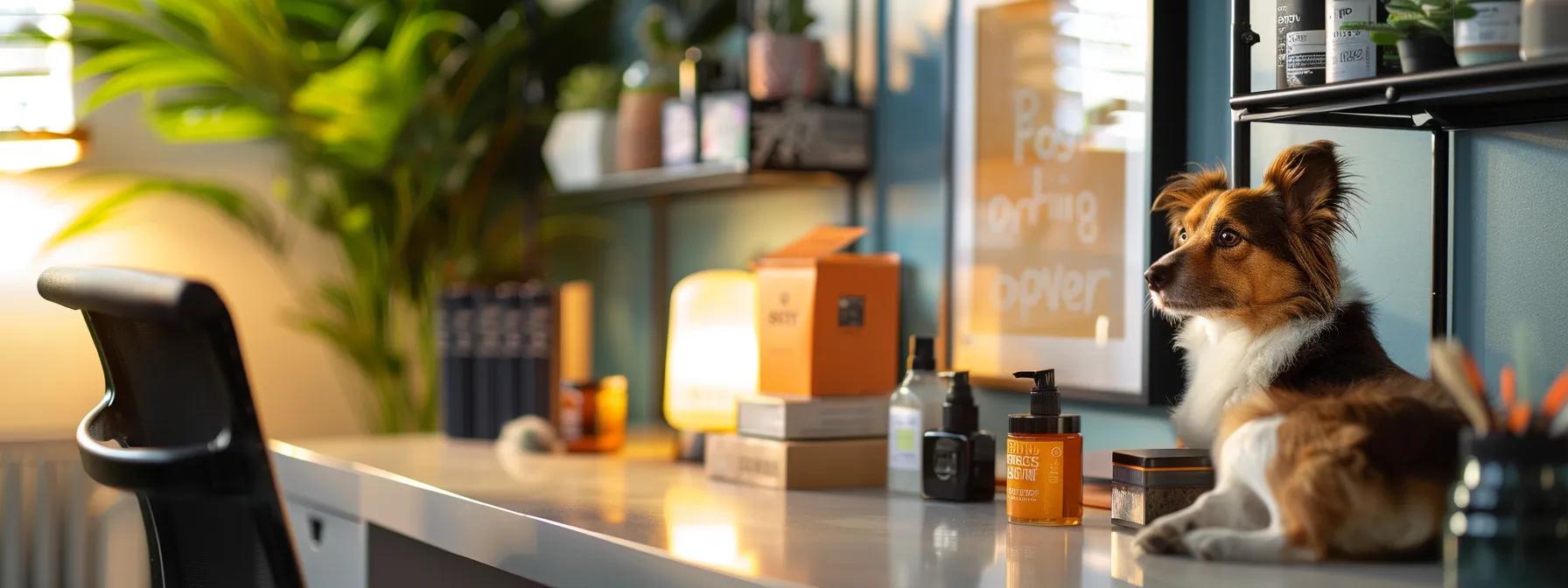 a sleek modern home office displays an organized subscription box filled with vibrant dog grooming supplies, including shampoos and brushes, on a polished desk, showcasing the convenience and efficiency of online shopping for pet care. a sleek modern home office displays an organized subscription box filled with vibrant dog grooming supplies, including shampoos and brushes, on a polished desk, showcasing the convenience and efficiency of online shopping for pet care.