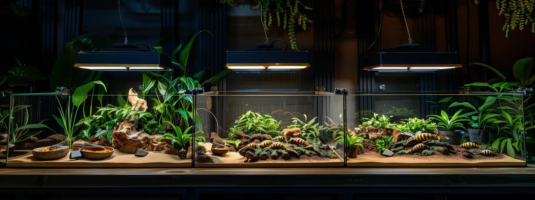 a sleek, modern indoor setup featuring a vibrant assortment of high-quality insect feeders displayed attractively on a polished glass table, illuminated by bright overhead lights, emphasizing their nutritional diversity and safe sourcing for bearded dragons. a sleek, modern indoor setup featuring a vibrant assortment of high-quality insect feeders displayed attractively on a polished glass table, illuminated by bright overhead lights, emphasizing their nutritional diversity and safe sourcing for bearded dragons.
