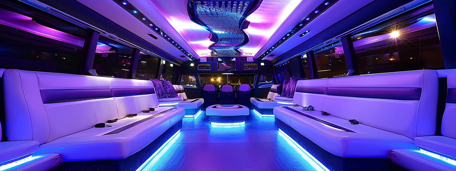 a sleek, modern interior of a party bus, adorned with elegant lighting and plush seating, captures the essence of a sophisticated wedding transport, emphasizing the need for advanced booking for upscale events.