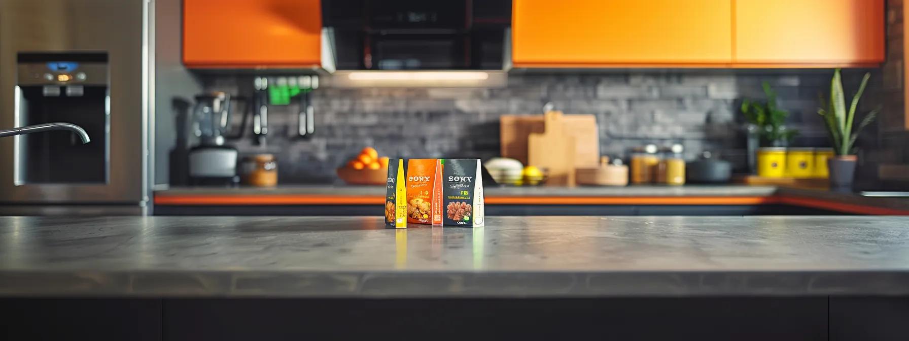 a sleek, modern kitchen countertop showcases an elegant arrangement of vibrant freeze-dried cat food packages, highlighting the appealing textures and colors that emphasize their high-protein content and nutritional benefits, with a sophisticated kitchen backdrop enhancing the focus on feline nutrition. a sleek, modern kitchen countertop showcases an elegant arrangement of vibrant freeze-dried cat food packages, highlighting the appealing textures and colors that emphasize their high-protein content and nutritional benefits, with a sophisticated kitchen backdrop enhancing the focus on feline nutrition.