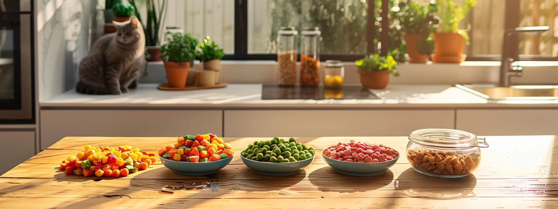 a sleek, modern kitchen table is neatly arranged with a variety of colorful cat treats, alongside a stylish cat food bowl, emphasizing the careful balance between treat offerings and overall feline nutrition. a sleek, modern kitchen table is neatly arranged with a variety of colorful cat treats, alongside a stylish cat food bowl, emphasizing the careful balance between treat offerings and overall feline nutrition.