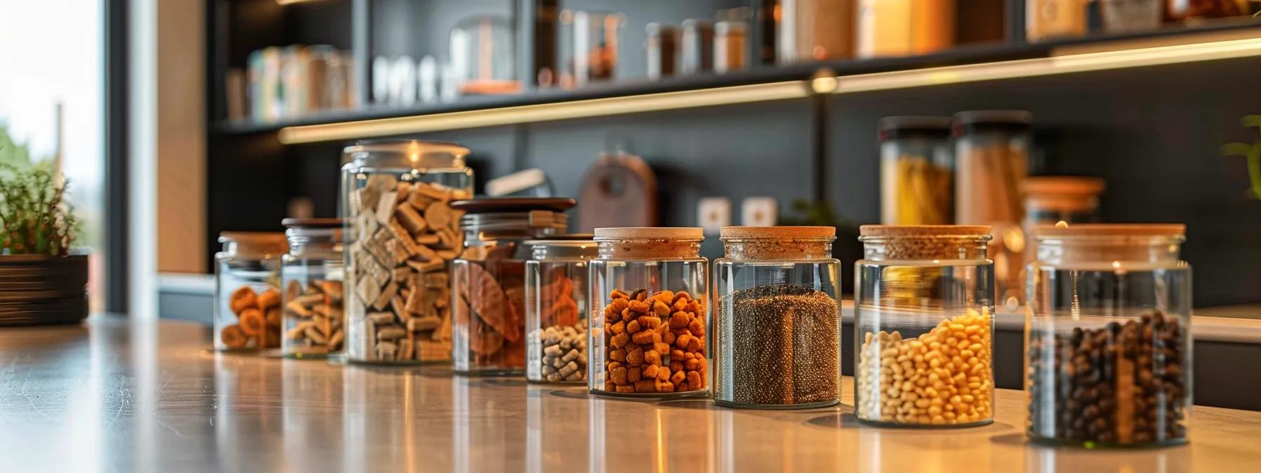 a sleek modern kitchen countertop showcases an array of colorful, clearly labeled hypoallergenic dog treats, emphasizing healthy options while highlighting a few problematic ingredients in stylish glass jars, all under warm, inviting lighting.