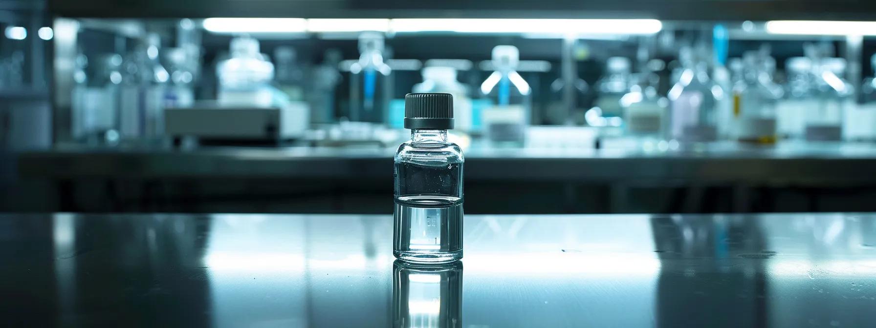 a sleek, modern laboratory setting showcases a glass vial of ibutamoren prominently displayed under bright, clinical lighting, emphasizing its role as a cutting-edge growth hormone secretagogue amidst advanced scientific equipment.