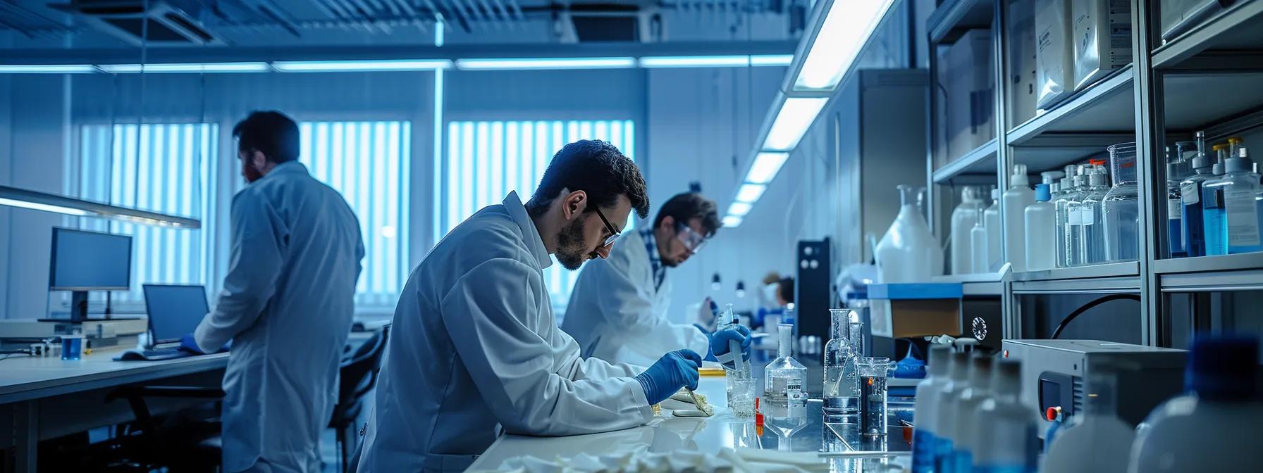 a sleek, modern laboratory setting showcases scientists intently examining rawhide samples under bright overhead lights, emphasizing meticulous analysis of the manufacturing processes and their implications for puppy safety.