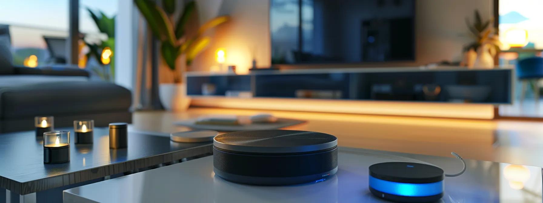 a sleek, modern living room with a central smart home hub controlling various compatible devices and appliances. a sleek, modern living room with a central smart home hub controlling various compatible devices and appliances.