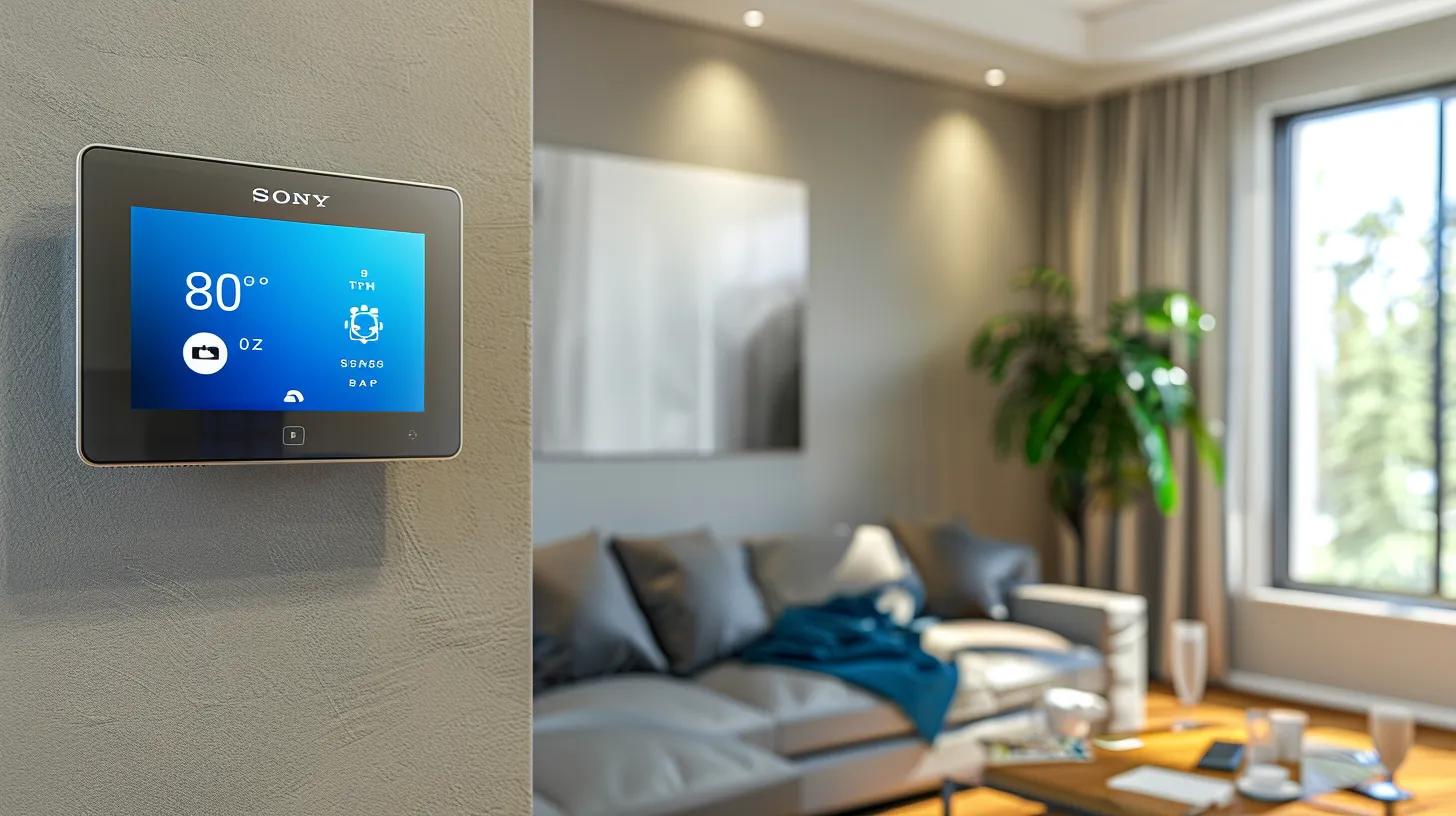 a sleek, modern living room showcasing a high-tech smart thermostat on the wall, with a vibrant digital interface displaying temperature settings and energy consumption, illuminated by ambient indoor lighting, emphasizing the theme of intelligent climate control and energy efficiency. a sleek, modern living room showcasing a high-tech smart thermostat on the wall, with a vibrant digital interface displaying temperature settings and energy consumption, illuminated by ambient indoor lighting, emphasizing the theme of intelligent climate control and energy efficiency.