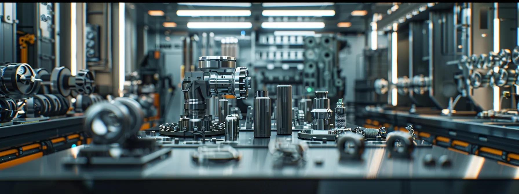 a sleek, modern metal fabrication workshop showcases an array of precision-machined components made from diverse metals, highlighting the intricate interplay of material selection and advanced engineering techniques under vibrant artificial lighting.