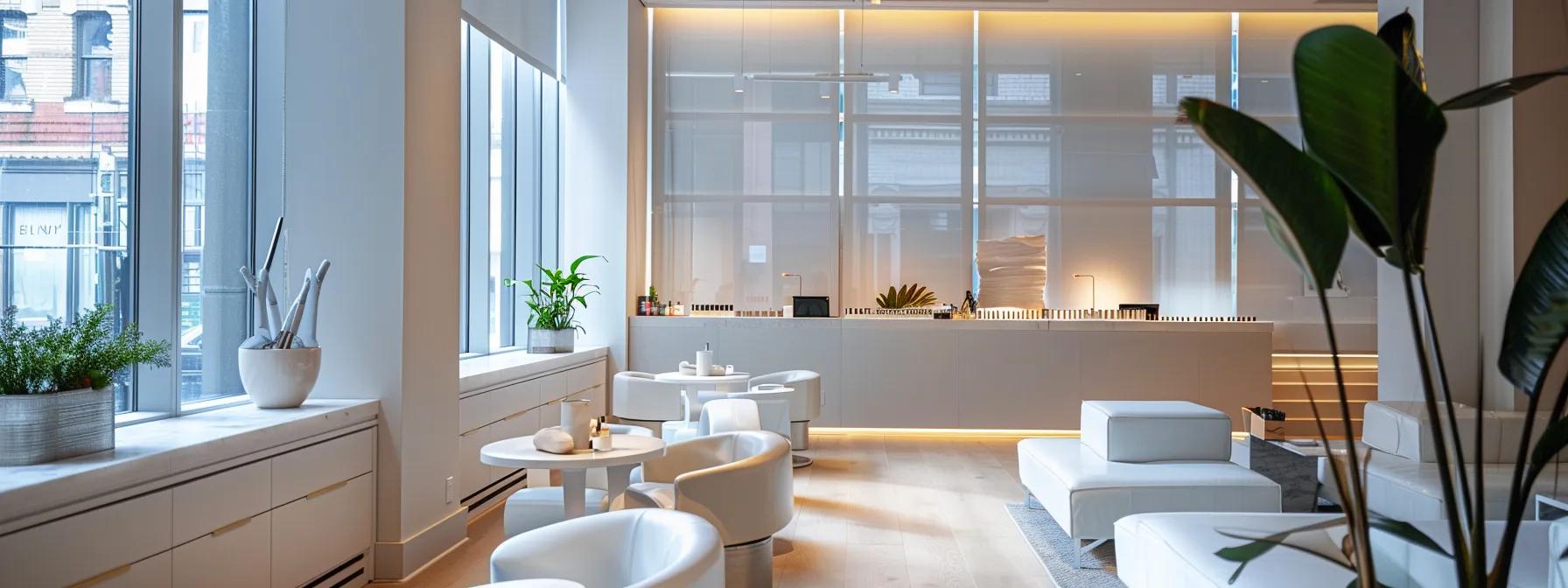 a sleek, modern new york city salon interior showcases a pristine brow bar with clients receiving expert aftercare for their freshly threaded eyebrows, emphasizing the importance of maintaining eyebrow health in an upscale urban setting.