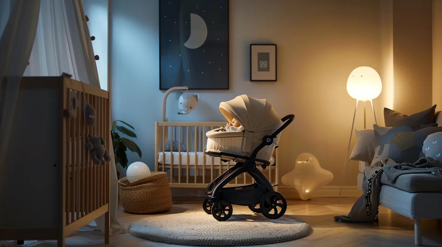 a sleek, modern nursery environment showcases an elegant baby travel system with a sturdy stroller prominently displayed, highlighting its safety features through focused lighting and an inviting, well-organised layout.