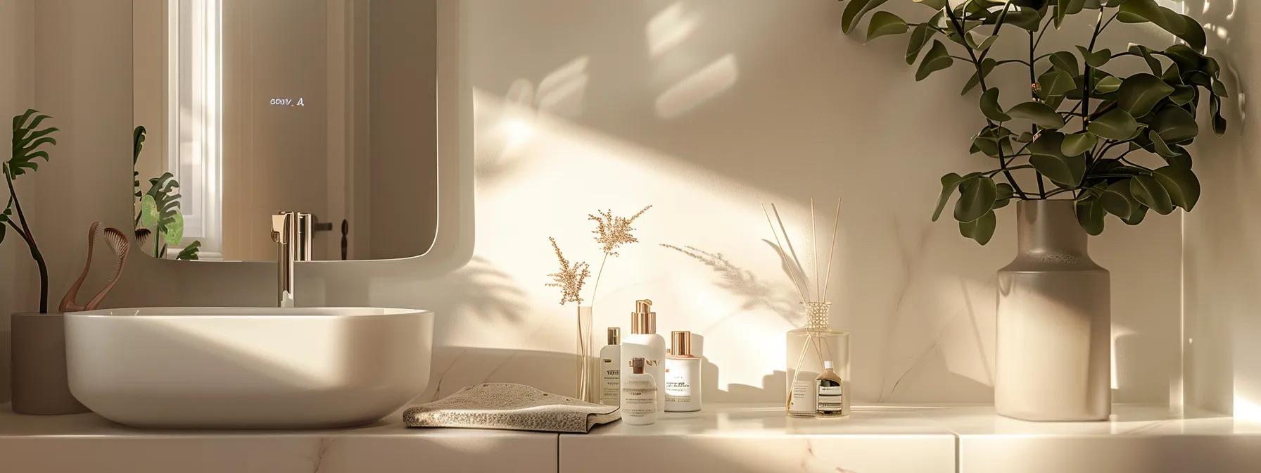 a sleek, modern nyc bathroom reflects upscale urban chic, featuring a stylish mirror and eyebrow care products neatly arranged, symbolizing the refined aftercare routines recommended by local experts for perfectly groomed eyebrows.
