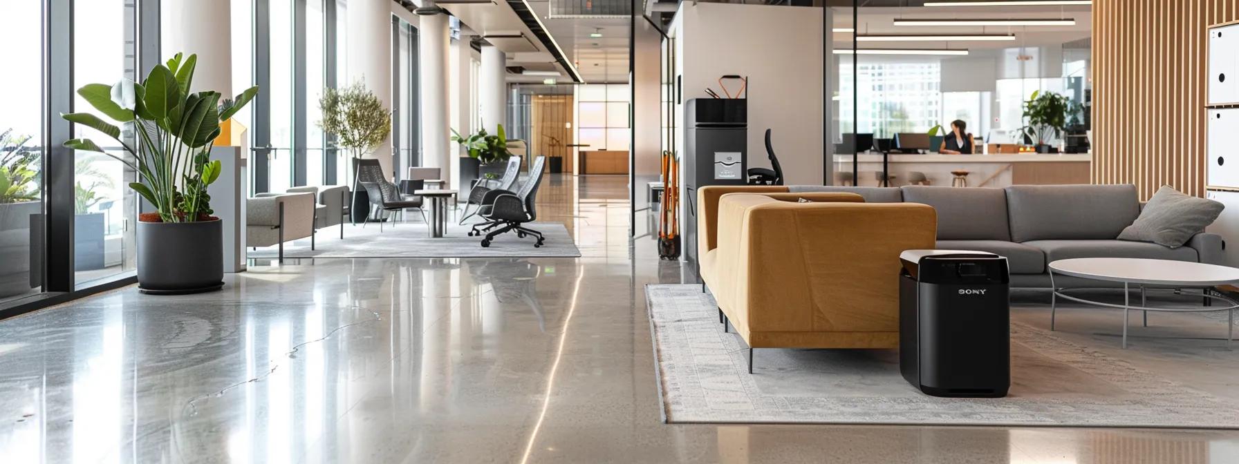 a sleek, modern office space showcases cutting-edge smart cleaning technology in action, with high-tech cleaning equipment seamlessly integrated into the polished environment, highlighting efficiency and transparency in commercial cleaning services. a sleek, modern office space showcases cutting-edge smart cleaning technology in action, with high-tech cleaning equipment seamlessly integrated into the polished environment, highlighting efficiency and transparency in commercial cleaning services.