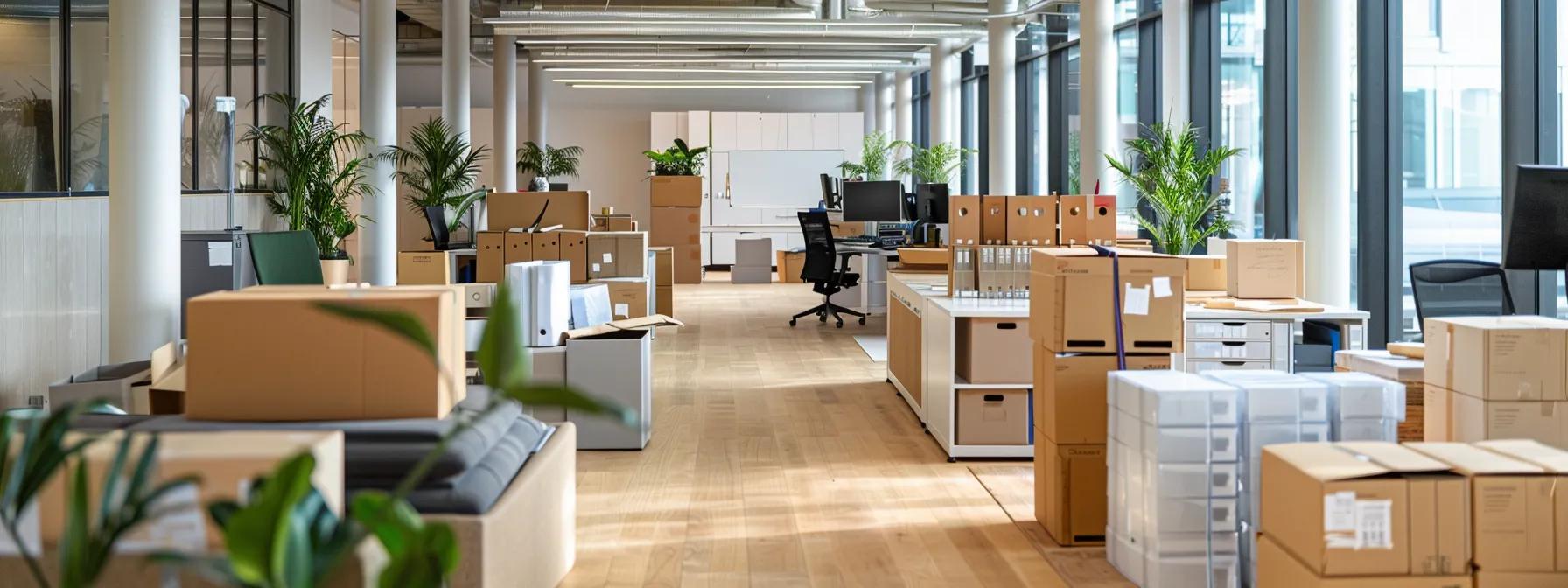 a sleek, modern office environment showcases a professional removal team efficiently packing and organizing office equipment, emphasizing the strategic investment in expert commercial removalists that ensures business continuity and operational efficiency.