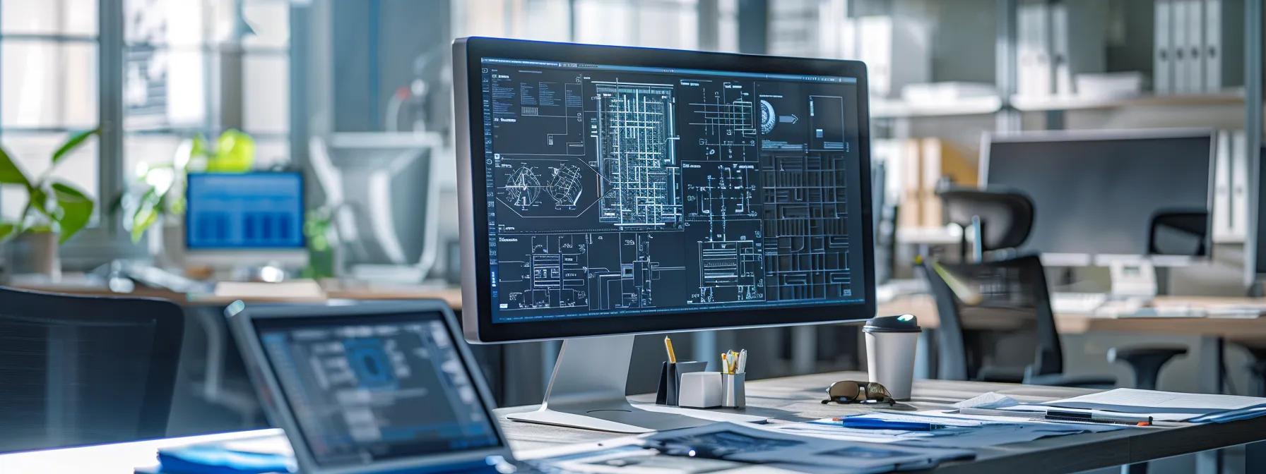 a sleek, modern office workspace features a high-resolution computer screen displaying an intricate autocad design, surrounded by architectural blueprints and digital tablets, capturing the essence of cutting-edge workflow efficiency.