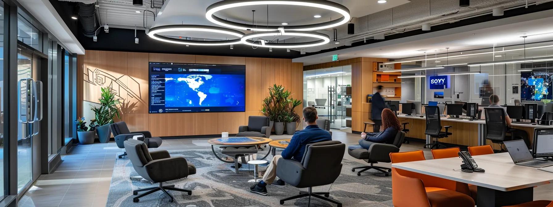 a sleek, modern office space features a large digital screen displaying targeted marketing strategies for niche insurance markets, surrounded by creative teams collaborating on specialized content for classic car, rideshare, earthquake, and cyber liability insurance.