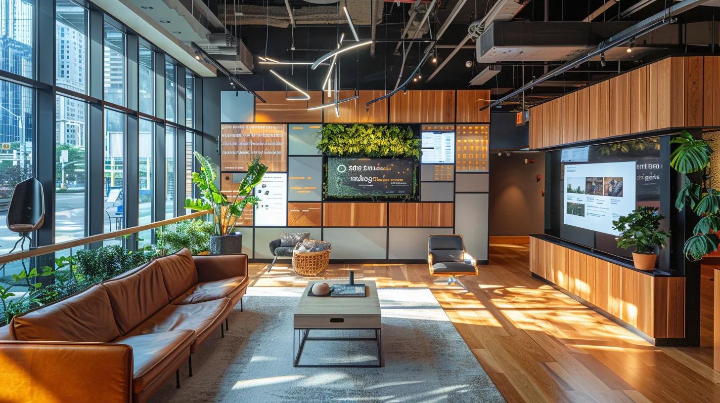 a sleek, modern office space showcases a digital interface displaying curated profiles of skilled landscapers, highlighting their exceptional work and aesthetic match for potential clients, with a backdrop of polished wood and contemporary decor.