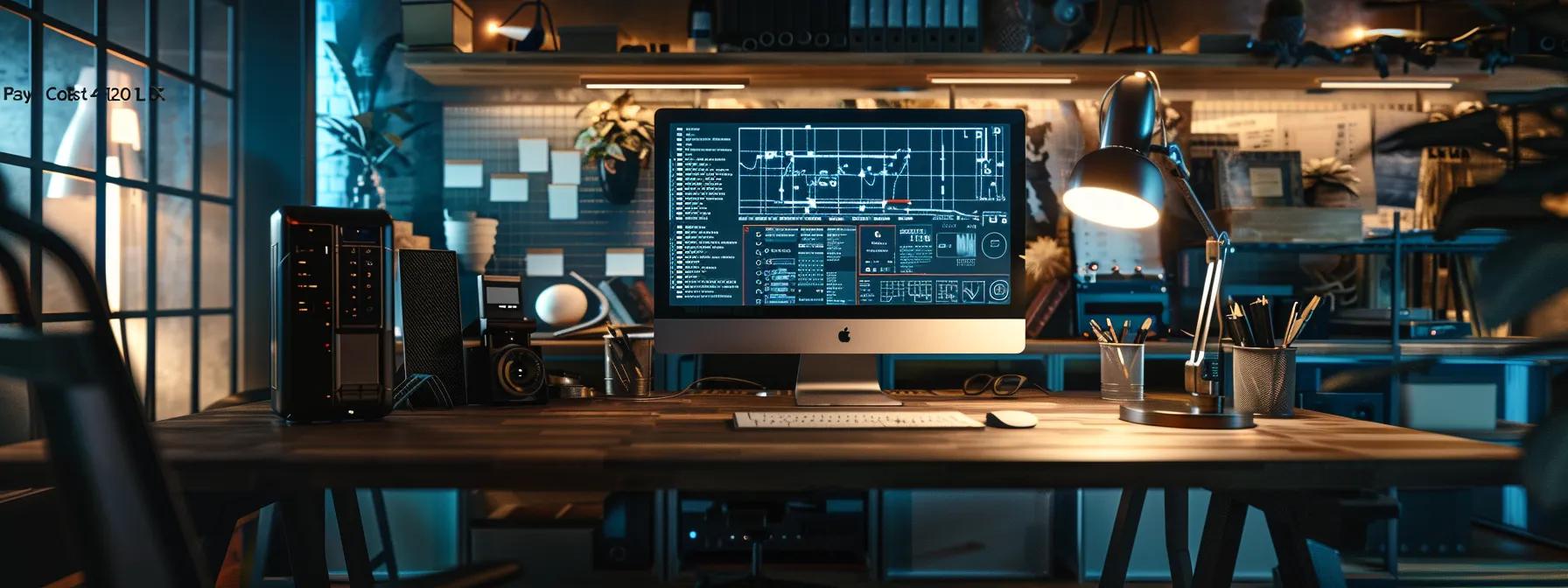 a sleek, modern office workspace features a large screen displaying a comparison chart of various floor plan software, surrounded by sophisticated gadgets and design tools, emphasizing a tech-driven approach to architecture and design.