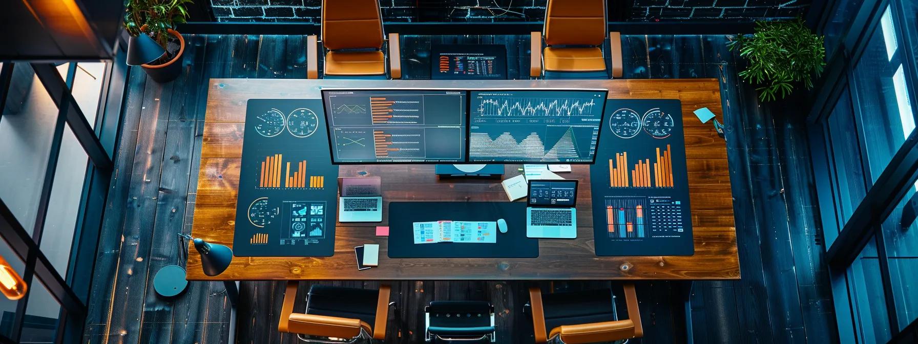 a sleek, modern office workspace showcases a vibrant digital dashboard displaying colorful data charts and graphs, symbolizing the analytical methods used by top pr firms to measure the impact of television coverage.