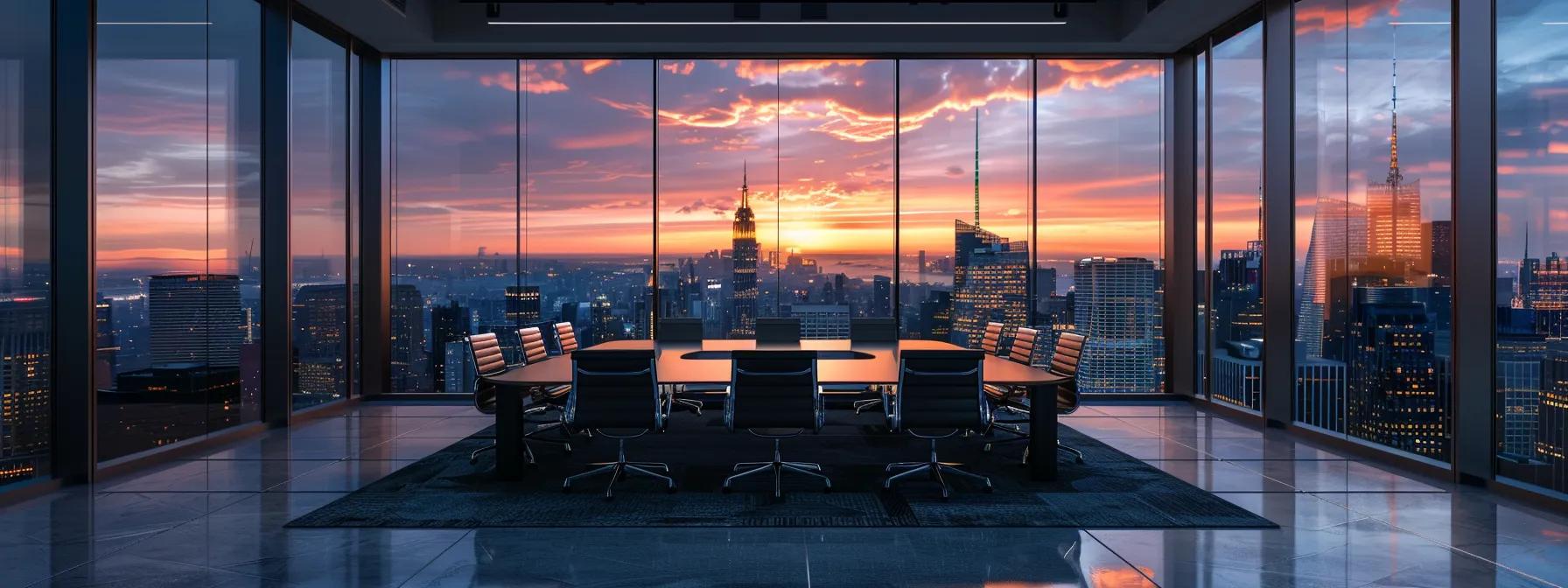 a sleek, modern office space with a panoramic city skyline visible through large glass windows, illuminated by warm artificial lighting that highlights an inviting conference table set for a collaborative meeting.
