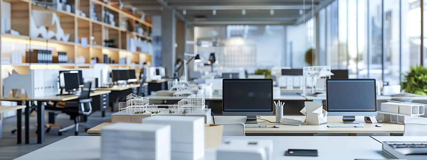 a sleek, modern office filled with intricately designed architectural models and digital displays, showcasing the innovative possibilities and bold aesthetics of parametric design in a vibrant, collaborative space.