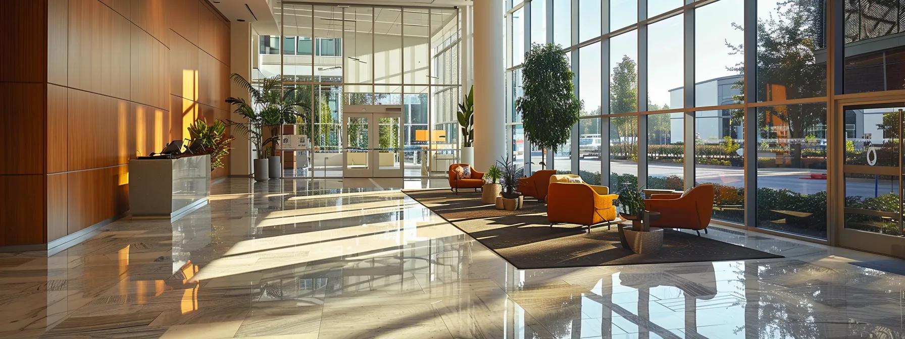 a sleek, modern office setting features a prominent display of a diverse array of property types—stylish single-family homes, contemporary condominiums, and multi-family dwellings—highlighted as eligible for financing, exuding a professional and inviting atmosphere.