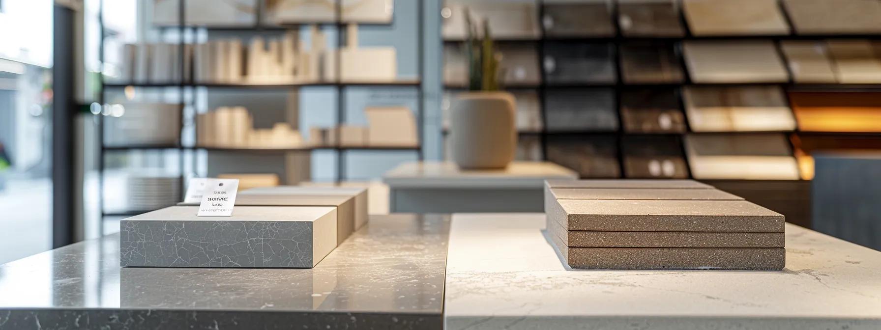 a sleek, modern office setting features a side-by-side display of standard and premium tiles on a polished countertop, with a stylish price tag card next to each, emphasizing the contrast in quality and cost for an informed decision-making process. a sleek, modern office setting features a side-by-side display of standard and premium tiles on a polished countertop, with a stylish price tag card next to each, emphasizing the contrast in quality and cost for an informed decision-making process.