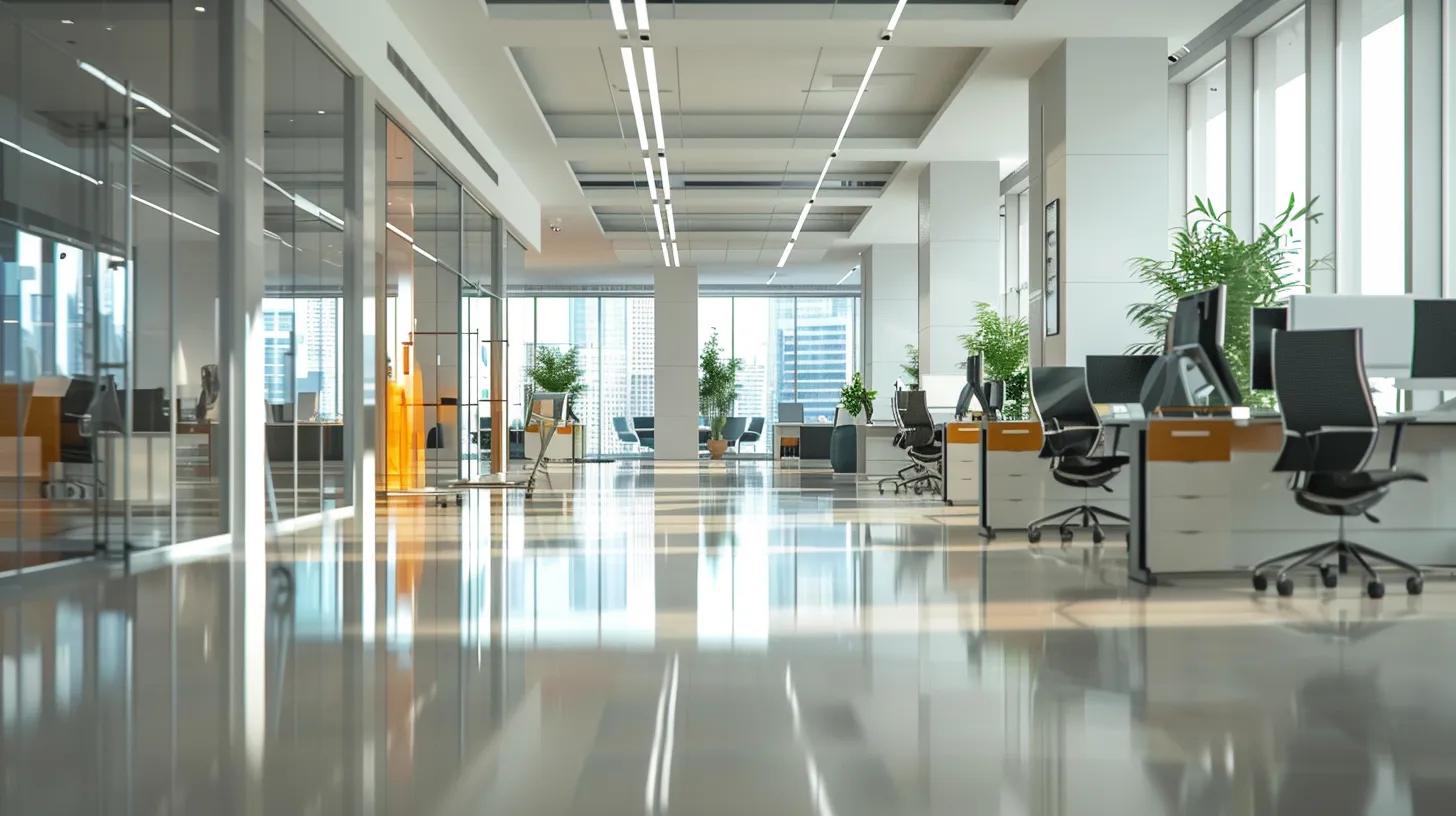 a sleek, modern office space featuring a professional cleaning service in action, highlighting gleaming surfaces and organized workstations, symbolizing efficiency and the relief of a clutter-free environment.