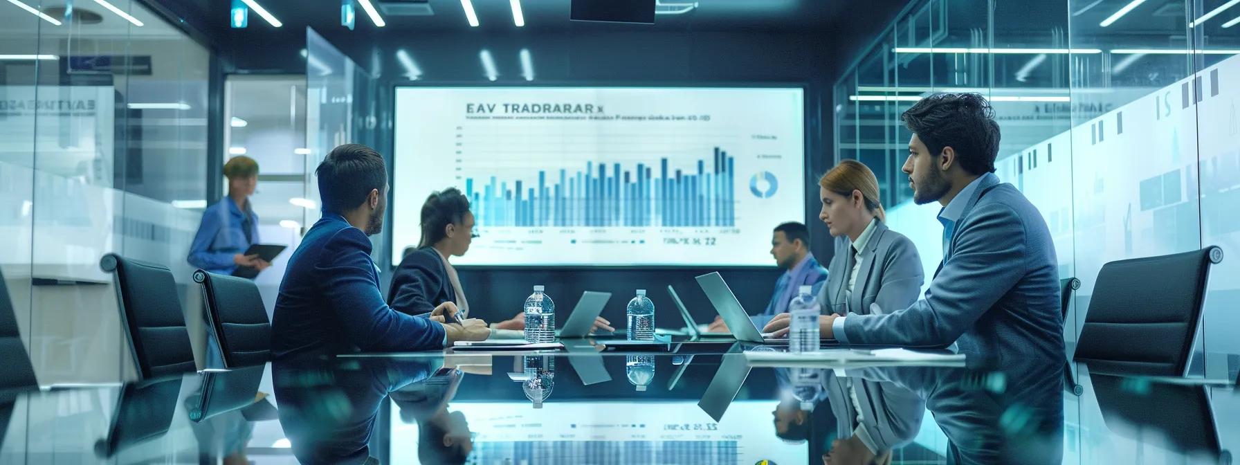 a sleek, modern office conference room features a large digital screen displaying a detailed chart comparing roof repair expenses with insurance compensation, as a diverse group of professionals attentively analyzes the data around an elegant glass table. a sleek, modern office conference room features a large digital screen displaying a detailed chart comparing roof repair expenses with insurance compensation, as a diverse group of professionals attentively analyzes the data around an elegant glass table.