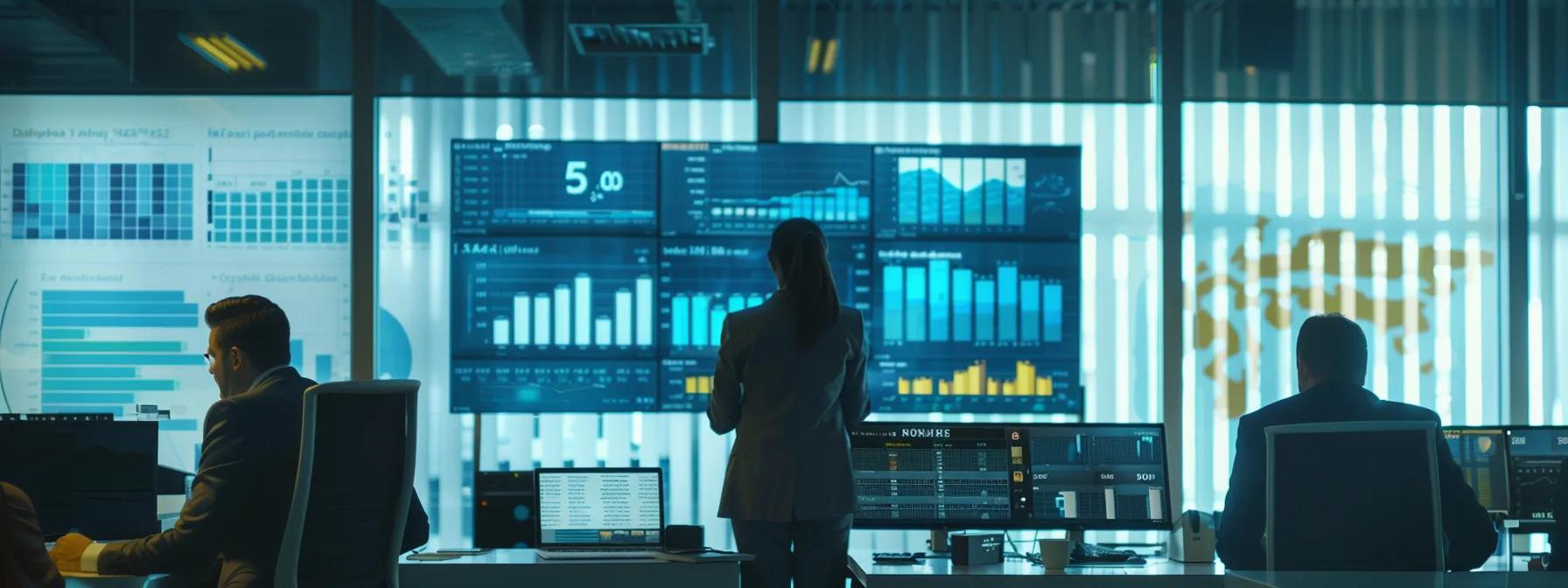 a sleek, modern office environment showcases professionals collaboratively analyzing high-tech data dashboards and reports, with large screens displaying vibrant graphs and statistics relevant to the effectiveness of local tv campaigns for allergy awareness.