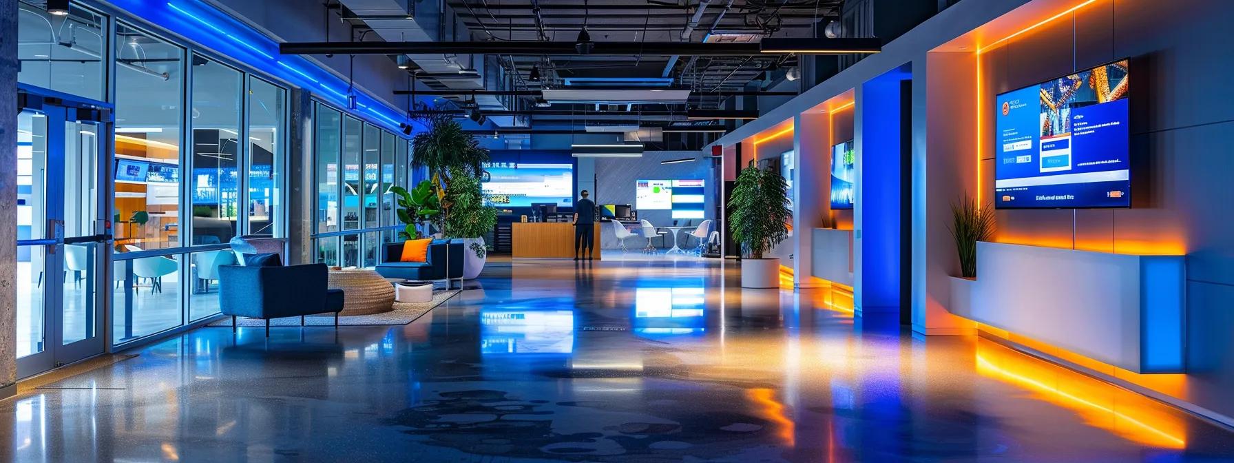 a sleek, modern office space brimming with digital marketing materials and vibrant screens displaying engaging online campaigns, illuminated by dynamic led lights reflecting the fast-paced world of digital innovation. a sleek, modern office space brimming with digital marketing materials and vibrant screens displaying engaging online campaigns, illuminated by dynamic led lights reflecting the fast-paced world of digital innovation.