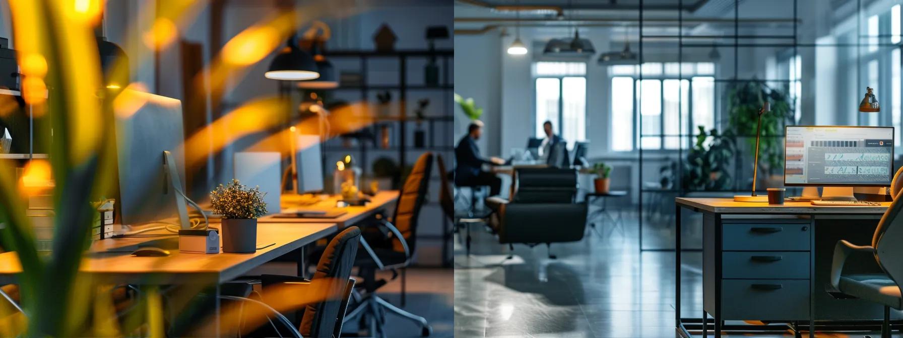 a sleek, modern office environment showcases a side-by-side comparison of a professional pest control technician evaluating a property against a cluttered diy pest control setup, emphasizing the stark contrast in expertise and organization.