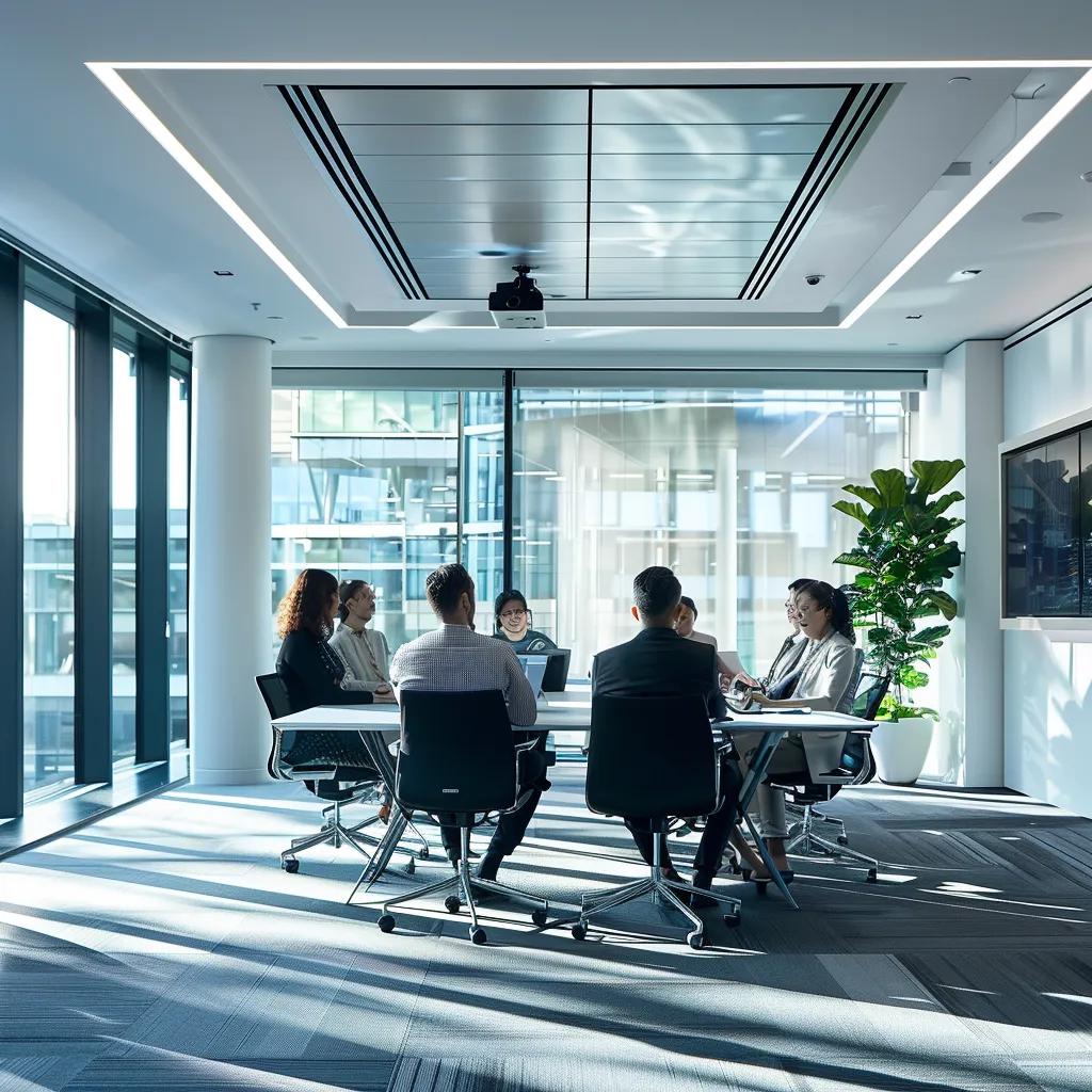 a sleek, modern office filled with professionals engaged in a strategic discussion, surrounded by documents and digital screens showcasing real estate properties and legal agreements, conveying trust and expertise in real estate transaction legal services.