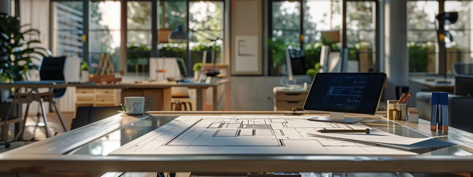 a sleek, modern office environment with a clear focus on a sophisticated blueprint of a house extension displayed on a glass table, surrounded by tools, architectural materials, and a digital tablet showcasing cost breakdowns, emphasizing the intricacies of extension costs.