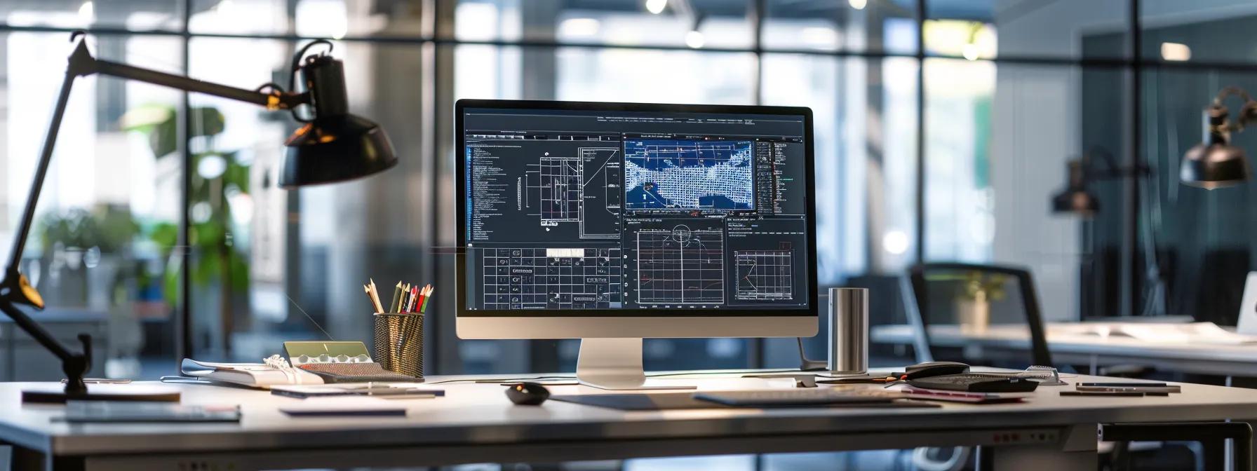 a sleek, modern office workspace showcases a computer screen displaying an advanced autocad interface, surrounded by architectural blueprints and high-tech design tools, emphasizing efficiency in architectural workflow.