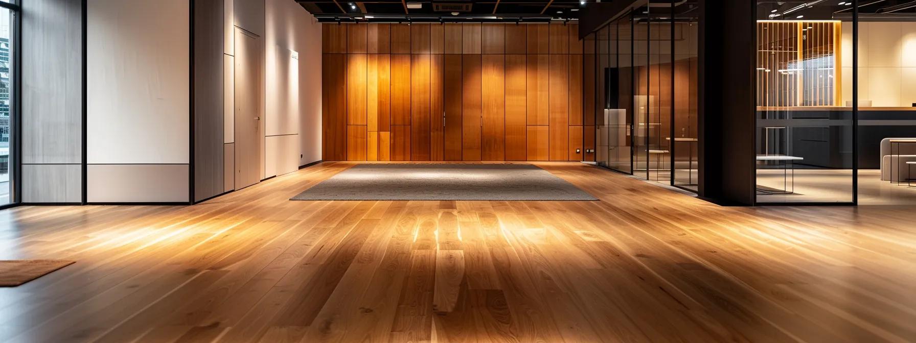 a sleek, modern office space showcases three distinct wood floor types—hardwood, engineered, and laminate—each highlighted under focused spotlights, emphasising their unique textures and finishes against a minimalist backdrop. a sleek, modern office space showcases three distinct wood floor types—hardwood, engineered, and laminate—each highlighted under focused spotlights, emphasising their unique textures and finishes against a minimalist backdrop.