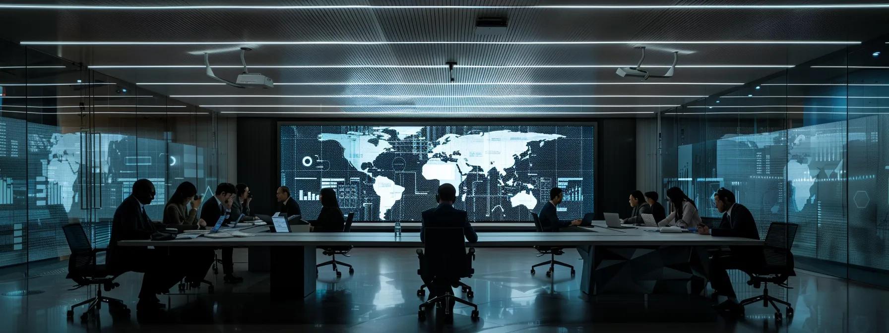 a sleek, modern office conference room illuminated by overhead lights, featuring a large digital map on the wall displaying the global legal statuses of ibutamoren, with diverse professionals engaged in a discussion around a polished table.