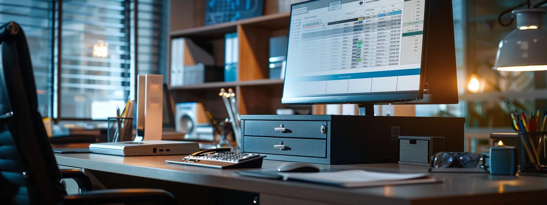 a sleek, modern office workspace showcases an organized desk with a locked drawer displaying personal cheques, accompanied by a high-tech monitor displaying fraud detection analytics, emphasizing the importance of secure cheque management practices. a sleek, modern office workspace showcases an organized desk with a locked drawer displaying personal cheques, accompanied by a high-tech monitor displaying fraud detection analytics, emphasizing the importance of secure cheque management practices.