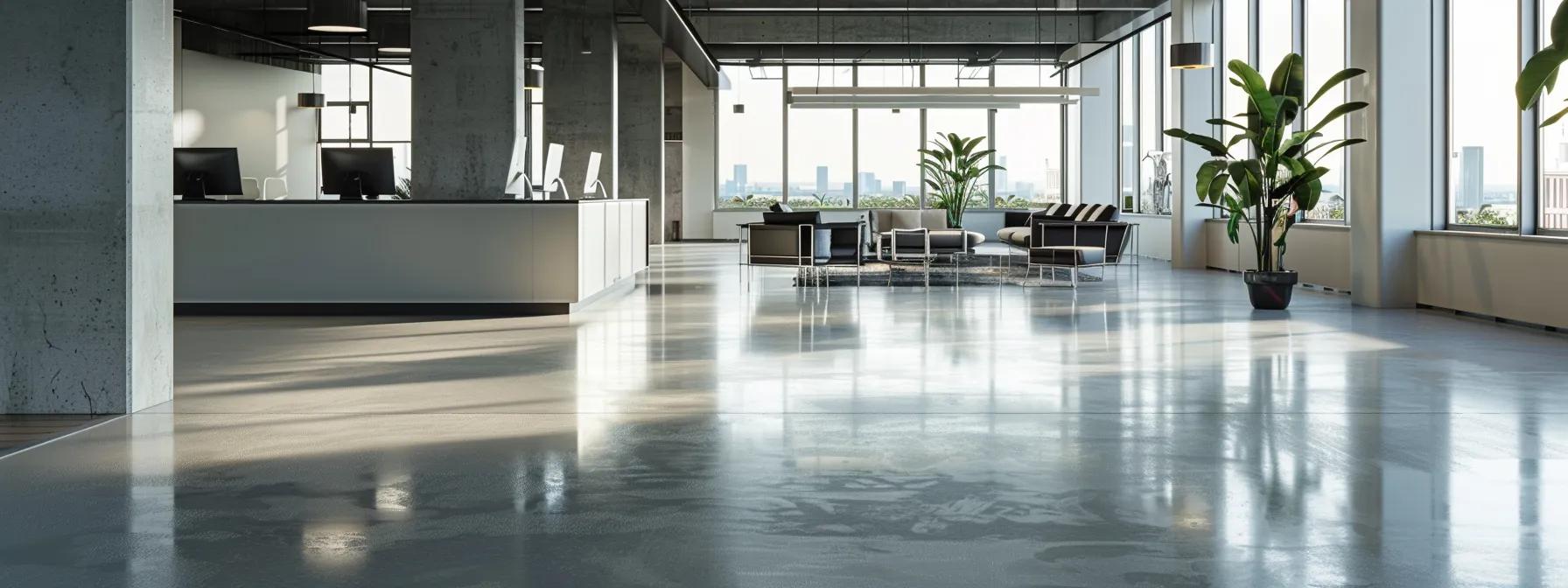 a sleek, modern office interior showcases a stunning before-and-after transformation of treated concrete floors, highlighting the striking aesthetic of the polished surface juxtaposed against the raw texture of untreated concrete.