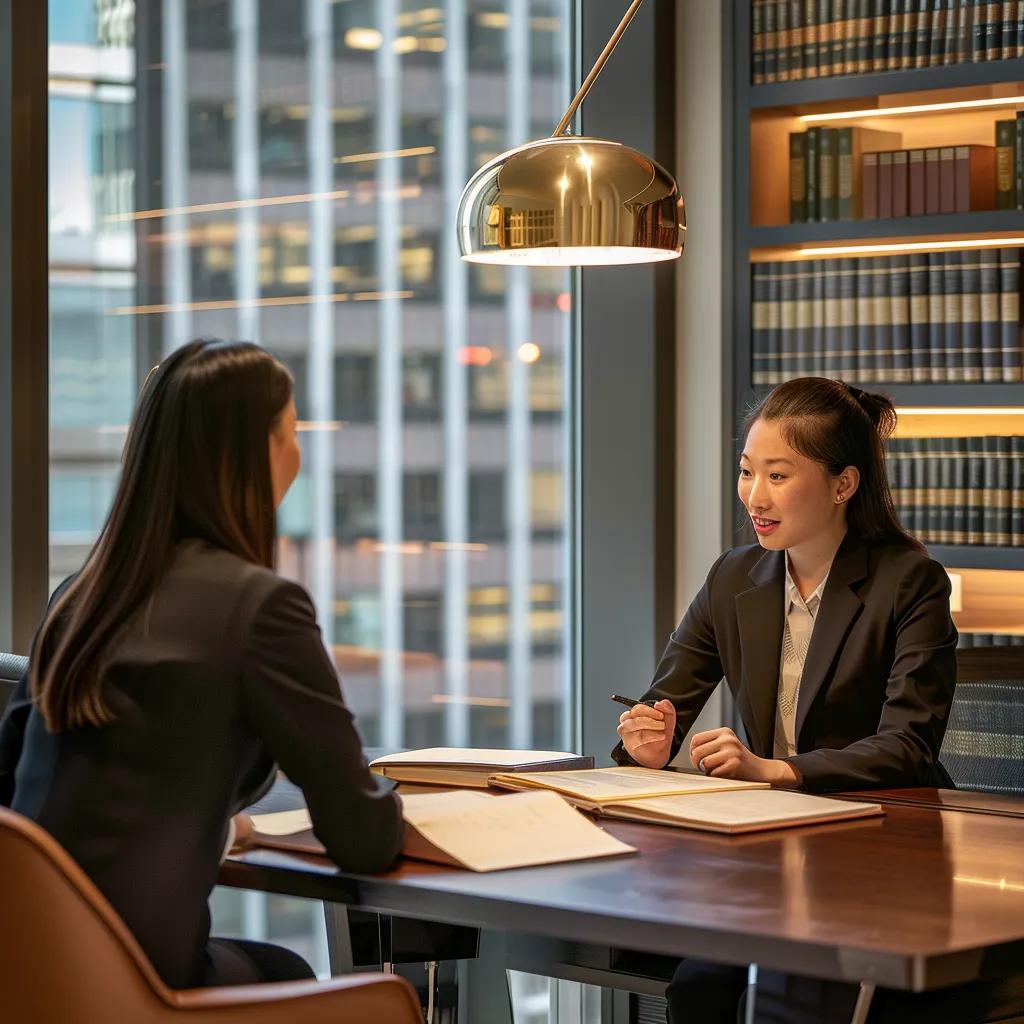 a sleek, modern office showcases a confident immigration lawyer engaged in a detailed discussion with a client, surrounded by legal books and documents that highlight their expertise.