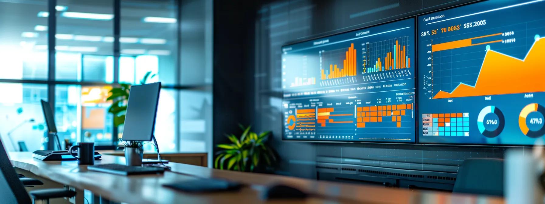a sleek, modern office with a large digital screen displaying vibrant analytics data and seo metrics, symbolizing the dynamic pricing landscape of seo services in olympia, wa, under bright, focused overhead lighting.