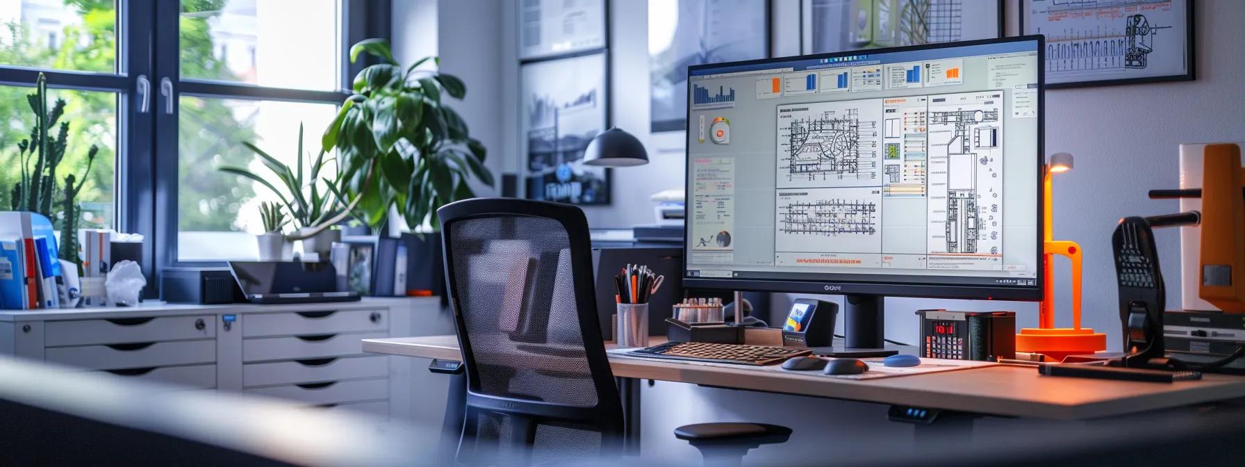 a sleek, modern office workspace showcases the revit user interface on a vibrant monitor, emphasizing streamlined design tools and organized project data for efficient architectural modeling.