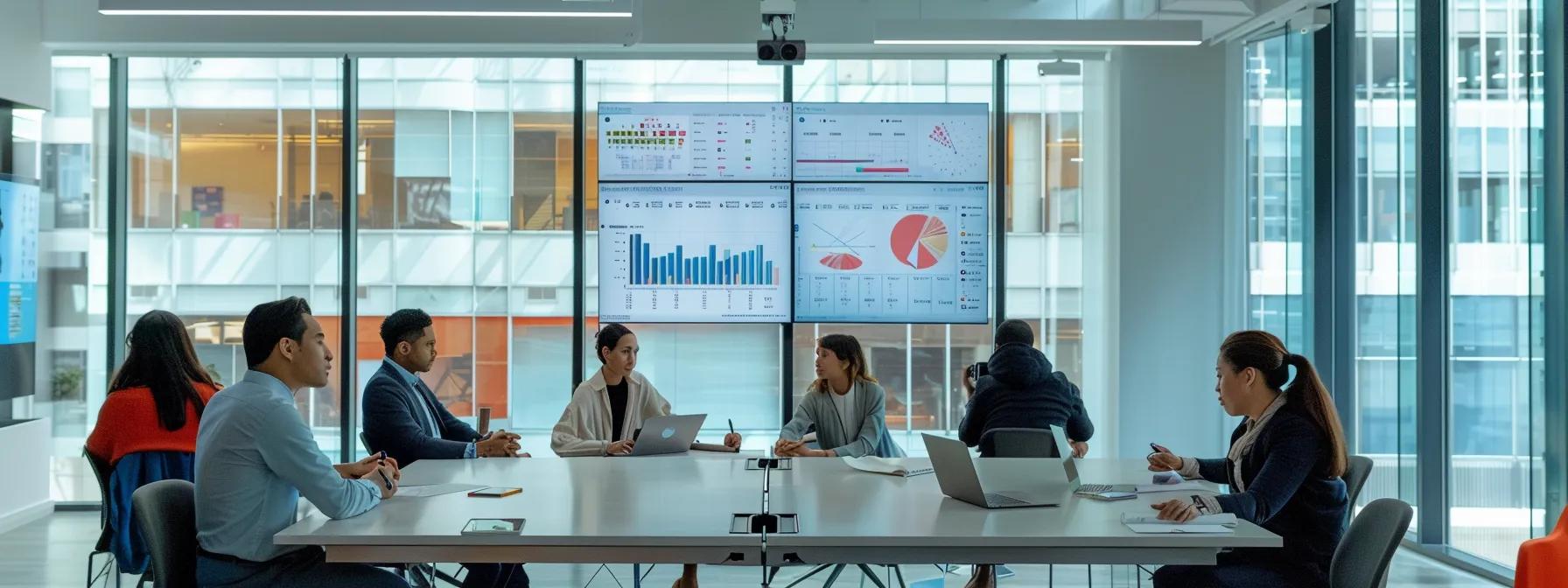a sleek, modern office environment showcases a diverse team engaged in a collaborative meeting, with large screens displaying dynamic data analytics and 360-degree feedback charts, emphasizing the innovative application of totara perform for enhancing performance evaluations. a sleek, modern office environment showcases a diverse team engaged in a collaborative meeting, with large screens displaying dynamic data analytics and 360-degree feedback charts, emphasizing the innovative application of totara perform for enhancing performance evaluations.