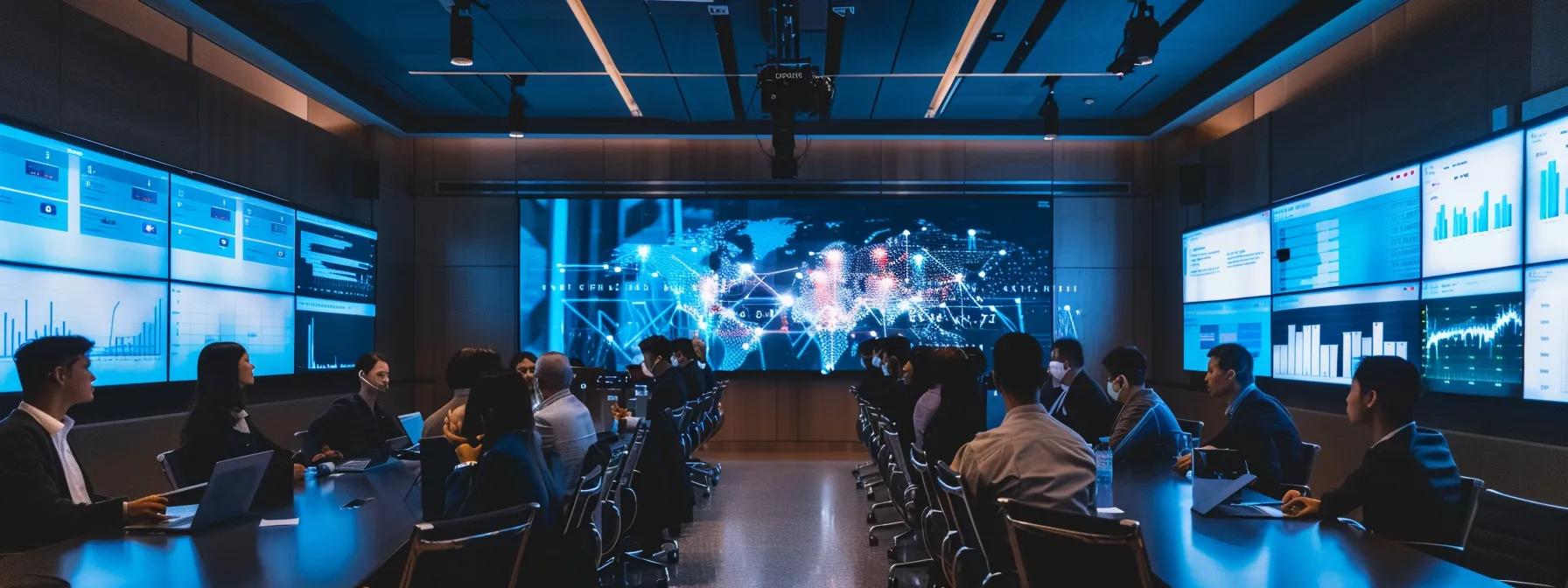 a sleek, modern office conference room is filled with professionals engaged in a dynamic discussion, surrounded by high-tech screens displaying comparative data on popular ai assistants, emphasizing insight-driven decision-making and strategic growth.