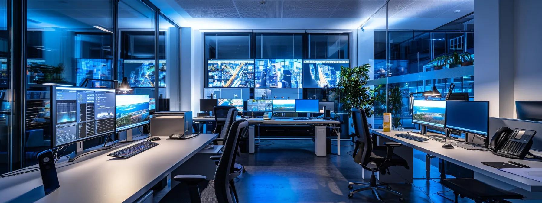 a sleek, modern office space with multiple computer screens displaying vibrant, detailed floor plan designs, illuminated by cool, focused lighting, emphasizing innovation and technology in architectural planning.