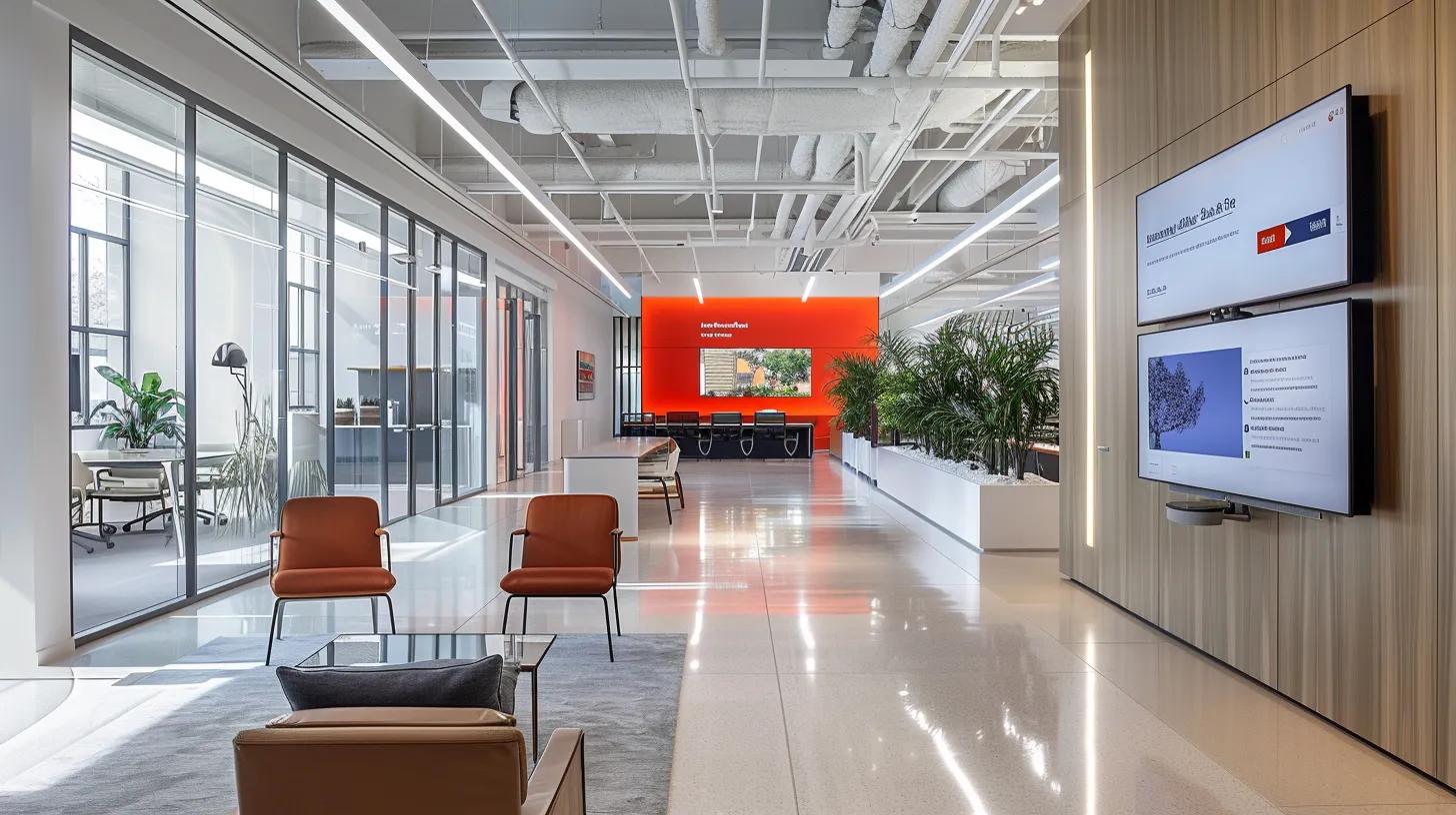 a sleek modern office workspace features a sophisticated digital interface displaying vibrant profiles of premier local landscapers, showcasing their portfolios and customer reviews against a backdrop of an elegant, minimalistic design.