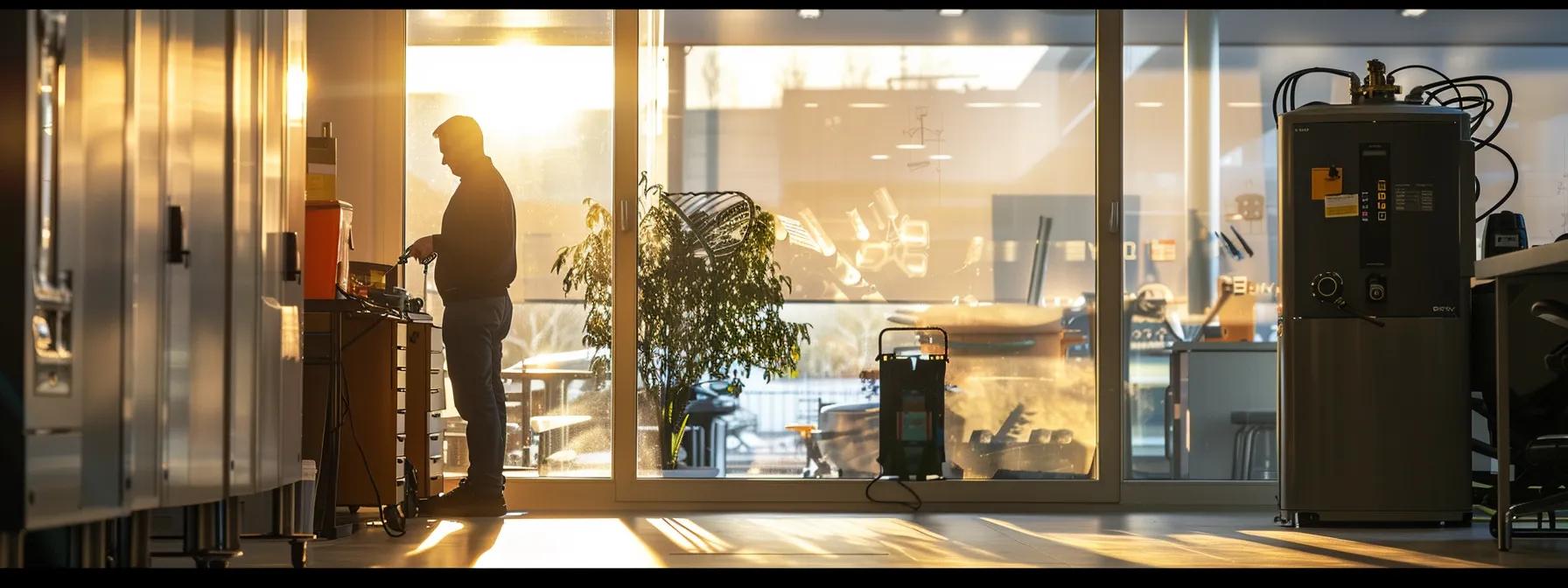 a sleek, modern office space showcases a technician inspecting a high-efficiency boiler, surrounded by tools and maintenance equipment, emphasising the importance of proactive winter preparation with warm, ambient light highlighting the readiness for colder months.