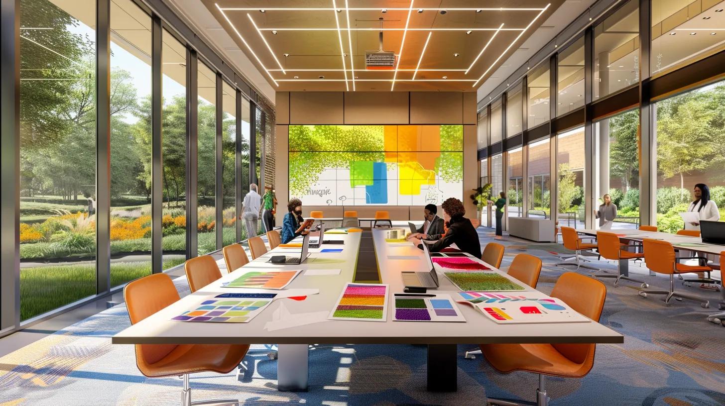 a sleek, modern office conference room features a large table surrounded by professionals engaged in a focused discussion, with colorful landscape design proposals and feedback documents spread out, highlighting the importance of informed decision-making in selecting a landscaping services partner.