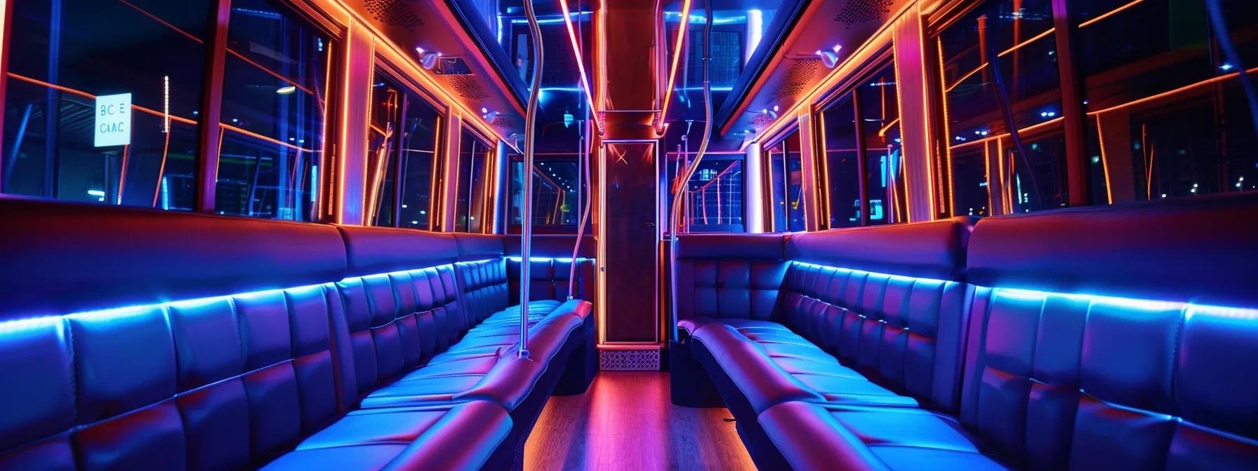 a sleek, modern party bus interior showcases plush seating and vibrant led lighting, emphasizing the importance of safety regulations with visible safety features and warning signage in a professional urban setting.