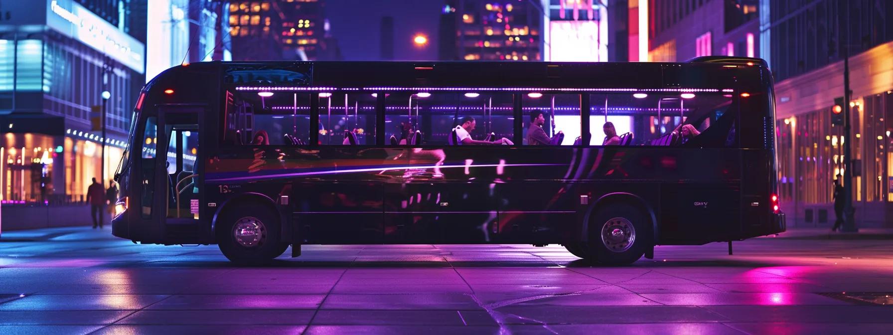 a sleek, modern party bus parked in an urban setting with passengers boarding, highlighting the importance of safety and insurance, illuminated by the vibrant city lights in the background.